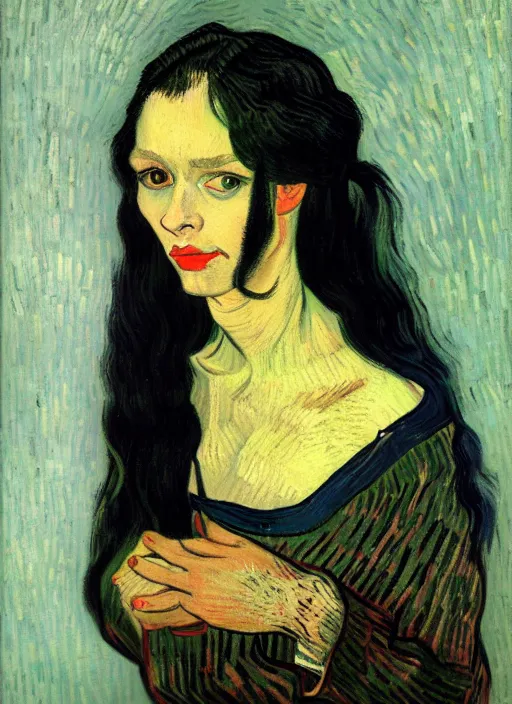 Image similar to portrait of a woman with long black hair, detailed beautiful face in painting, detailed beautiful portrait, expressionist oil painting masterpiece, 8 k resolution, smooth, sharp focus, pastel color palette, trending on artstation, by van gogh