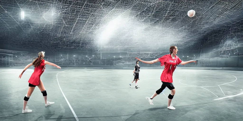 Image similar to young woman plays handball in a stadium, epic lighting, digital art