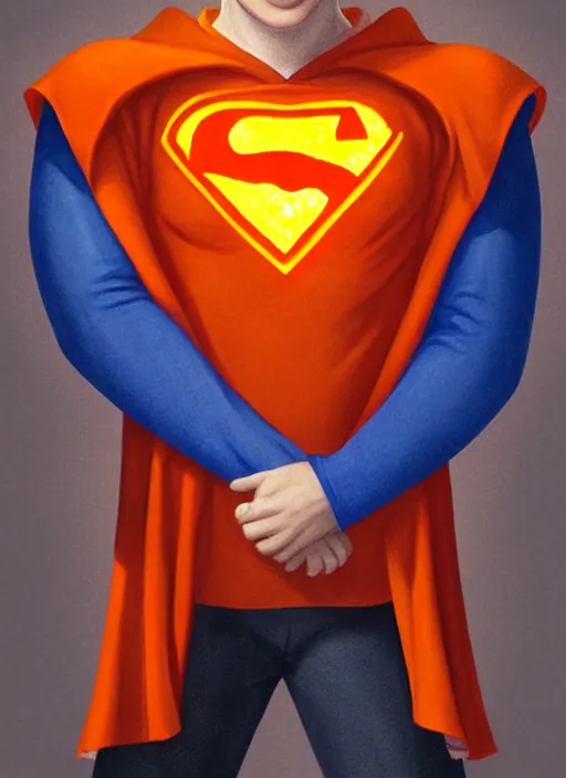 Image similar to friendly teenage archie andrews wearing an orange superhero costume with heart logo, heart, orange costume, blue cape, freckles, cape, heart emblem on chest, heart, blue cape, intricate, elegant, glowing lights, highly detailed, digital painting, artstation, sharp focus, illustration, art by wlop, mars ravelo and greg rutkowski