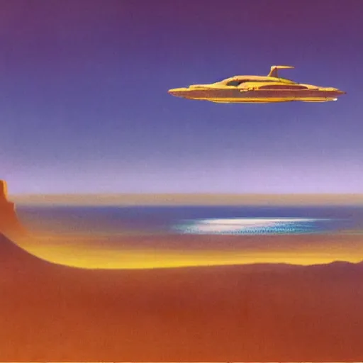 Image similar to beautiful matte painting of golden shores of a blue dreamy ocean, heavenly island in the clouds floating above the ocean, spaceship flying by, towering mountains emerging from the ocean, entrance to a city, sci - fi, daylight, blue sky, cinematic lighting, cinematic perspective, syd mead, john harris, federico pelat