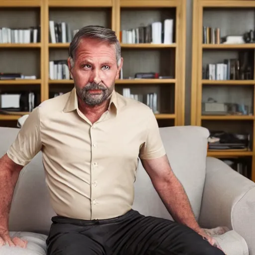 Image similar to full body photo of steve, mature male, mysterious face. he is sitting gracefully on a sofa, elegant slim beige shirt, tight shirt, bear belly