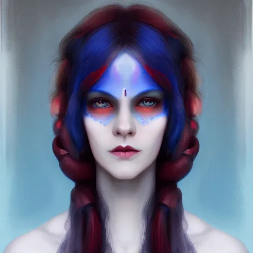 Image similar to A detailed matte oil on canvas head on symmetrical portrait of a distinguished elven woman with red and blue hair on an empty background, by Charlie bowater, Wlop, trending on artstationhd, dungeons and dragons art, parted hair , half blue, half red , split dye, critical role