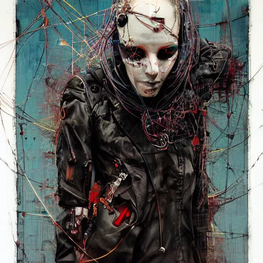 Prompt: a female cyberpunk hacker, skulls, wires cybernetic implants, machine noir, in the style of adrian ghenie esao andrews jenny saville surrealism dark art by james jean takato yamamoto and by ashley wood