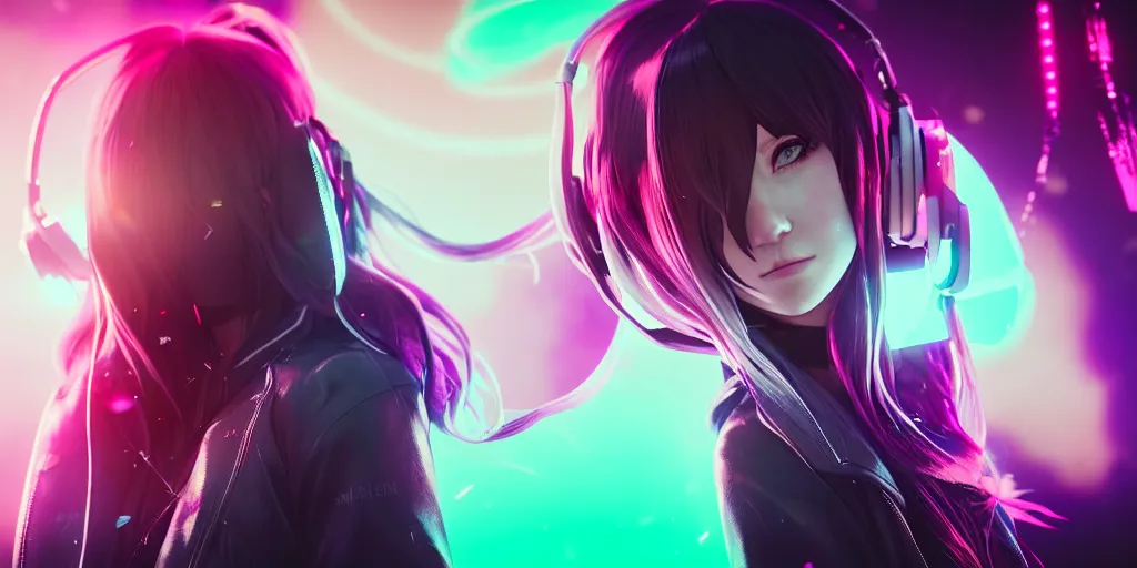 Prompt: beautiful portrait of a woman with pastel long hair floating in the air with her eyes closed facing the camera centered with studio headphones on in the style of a code vein character, momo from twice in code vein in the style of WLOP, artgerm, yasutomo oka, rendered in unreal engine and redshift octane , background is surrounded by epic neon glitch effect digital art dynamic dramatic lighting, soft lighting, imagine fx, artstation, cgsociety, by Bandai Namco artist,