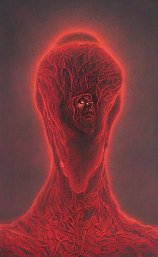 Image similar to black dramatic portrait painting of human with black mandelbrot fractal instead of face, in style of zdzisław beksinski, dark red, horror, body horror, scary,
