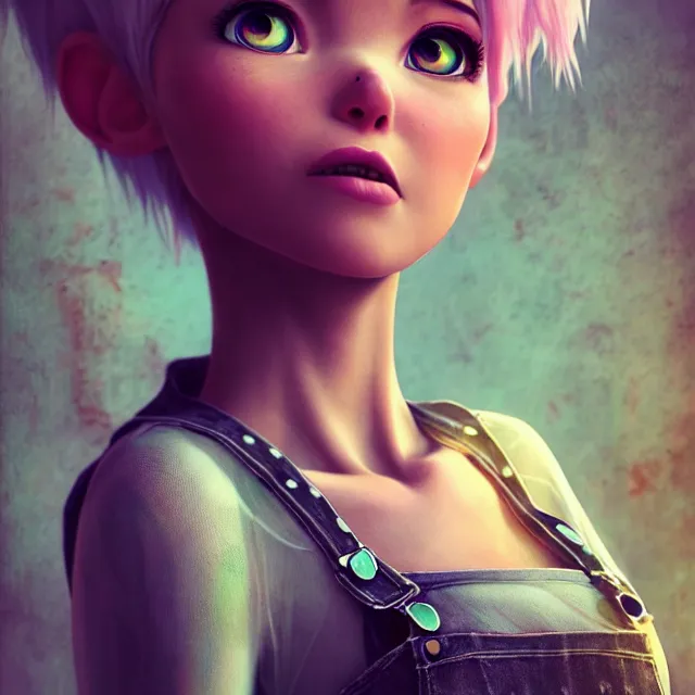 Image similar to full body pose, beautiful adult fairy, pixar, short white hair shaved sides, dirty, grungy, grunge, long sleeve, painted overalls, stacks of giant books, highly detailed, 4 k, hdr, smooth, sharp focus, high resolution, award - winning photo, artgerm, photorealistic