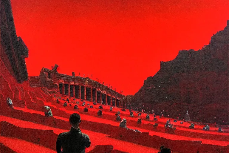 Image similar to only with red, a red melted emperor, taormina amphitheatre, crowd hails him happy, in the style of beksinski, parts by edward hopper, parts by rodcenko, parts by yue minjun, intricate and epic composition, red by caravaggio, insanely quality, highly detailed, masterpiece, red light, artstation, 4 k