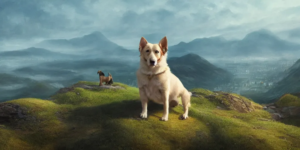 Prompt: breathtaking detailed concept art painting of a dog on the top of a hill, with a beutiful view of a tiny city below the hill, by hsiao - ron cheng, extremely moody lighting, 8 k