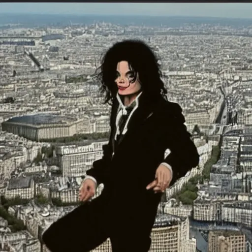 Image similar to old Michael Jackson recording music video in top of the Eiffel Tower, 4k 2022