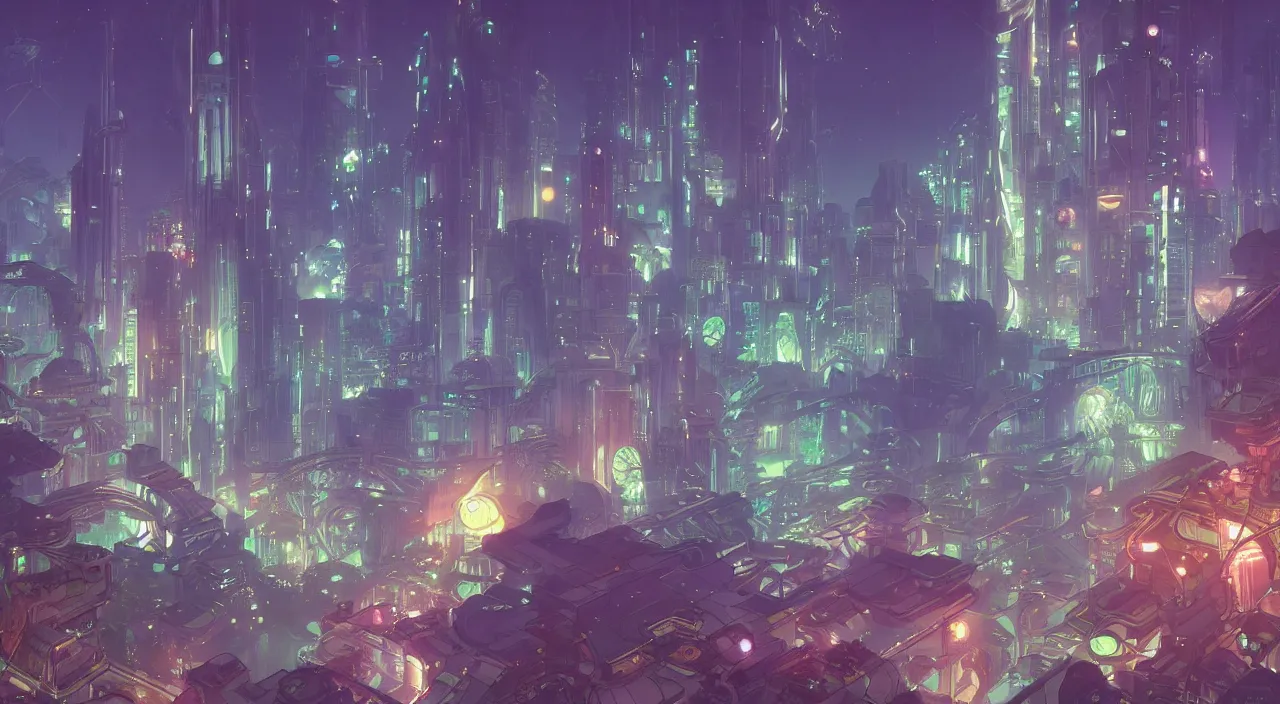 Image similar to a futuristic cityscape at night, with greenery, trees, flowers, neon lighting by Alfons Maria Mucha and Julie Dillon and Makoto Shinkai