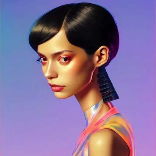 Image similar to a beautiful skinny latina wearing fashionable dress with head tilted back, focus close on eyes realistic skin texture, eighties holographic art by ilya kuvshinov lois van baarle ross tran range murata artgerm katsuhiro otomo norman rockwell, highly detailed intricately sharp focus, bedroom eyes trending on pinterest vogue italia unreal engine 5, 4 k uhd image