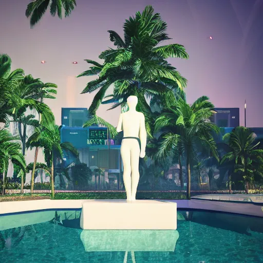 Image similar to a broken statue in a surreal underground white tiled swimming pool surrounded by neon lights and palm trees in vapor wave style, 3D octane render, hyperrealistic, dramatic lighting, unreal engine, houdini, 8k, 4k, raytracing