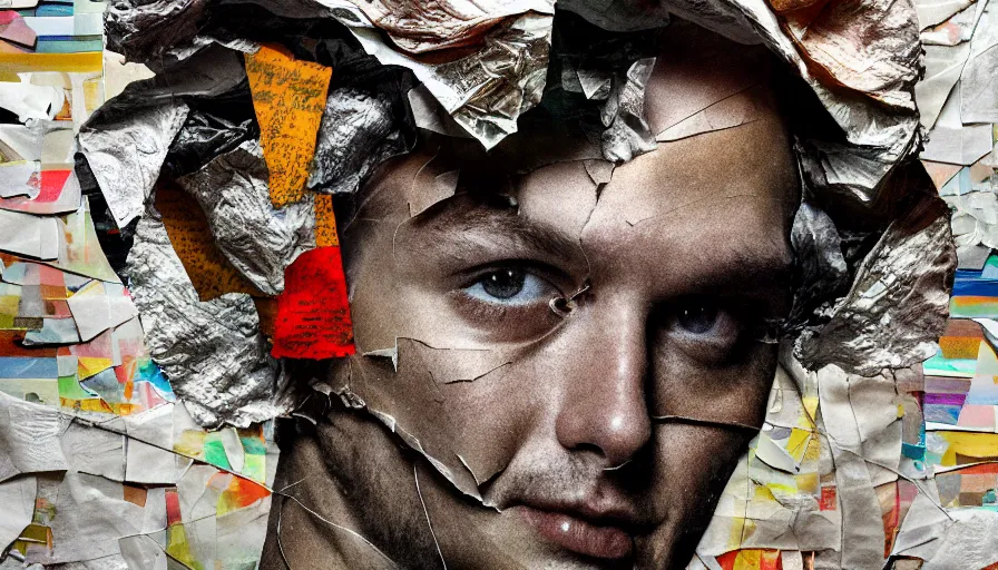 Prompt: rendered in blender trash bag on his head and crumpled paper as a texture, collage paper and tape, slit - scan photography, hyperrealism mixed with expressionism, high resolution, cinematic, unreal 6, breathtaking detailed, by blake neubert