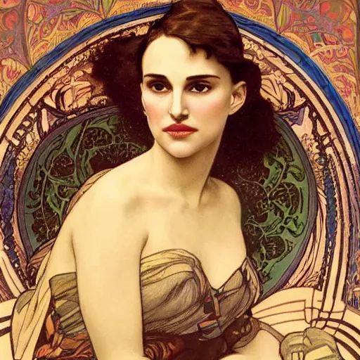 Image similar to a closeup portrait of a young natalie portman, art nouveau, jugendstil, decorative background, spirals, painted by alphonse mucha