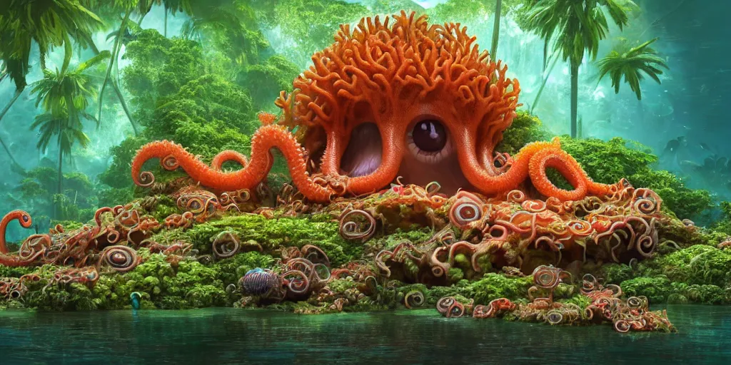 Image similar to of a tropical rainforest lake with strange cute friendly happy creatures with huge eyes, mouth, long tongue, round teeth and tentacles appearing from sandy coral, in the style of gehry and gaudi, macro lens, shallow depth of field, ultra detailed, digital painting, trending artstation, concept art, illustration, cinematic lighting, photorealism, epic, octane render