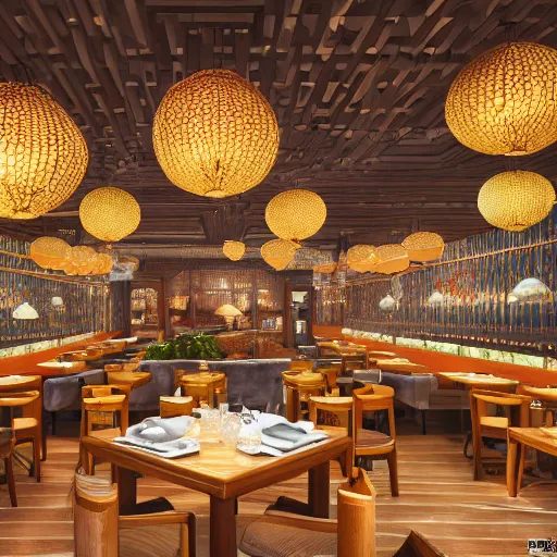 Image similar to a beautiful hyperdetailed 4 k hd wallpaper illustration interior of roasted string hotpot restaurant restaurant yan'an, from china, with merchant logo, fine delicate structure, chinese style, victo ngai, 4 k hd