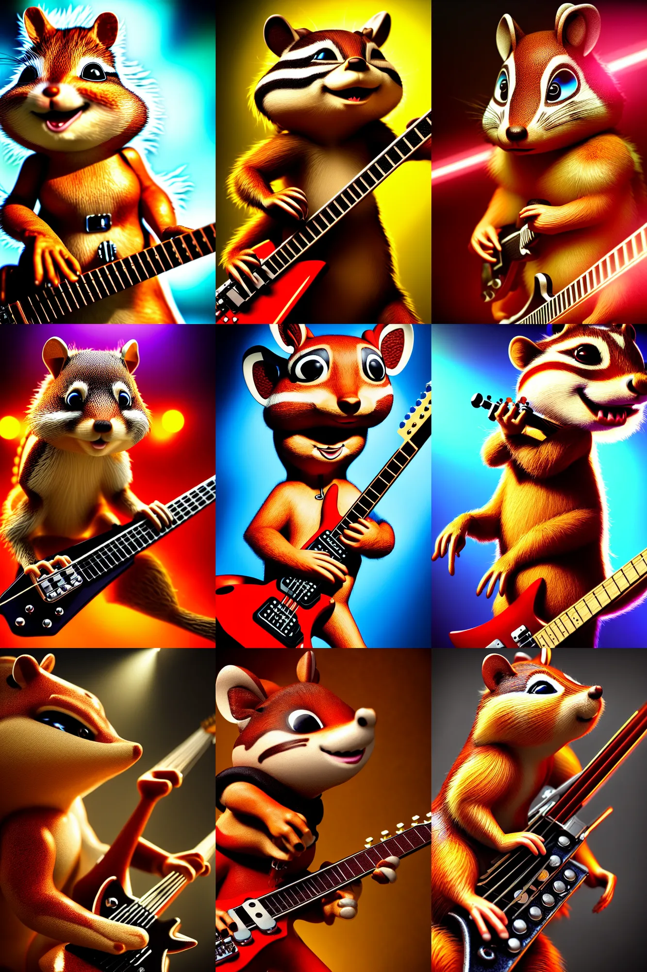 Prompt: a high detail shot of an anthropomorphic Chipmunk as a heavy metal guitarist, playing electric guitar, photorealism, volumetric lighting, epic lighting, hd