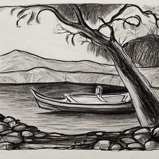 Image similar to landscape drawing with owls and boats, in the style of pauline baynes