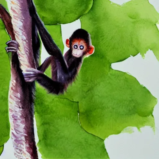 Prompt: A realistic watercolour painting of a baby spider monkey in a tree, fine detail, washed out background