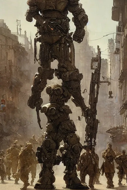 Image similar to soldiers on city street accompany martyn ford as a huge bipedal martian with bulbous torso wearing armour, painted by ruan jia, raymond swanland, lawrence alma tadema, zdzislaw beksinski, norman rockwell, jack kirby, tom lovell, alex malveda, greg staples