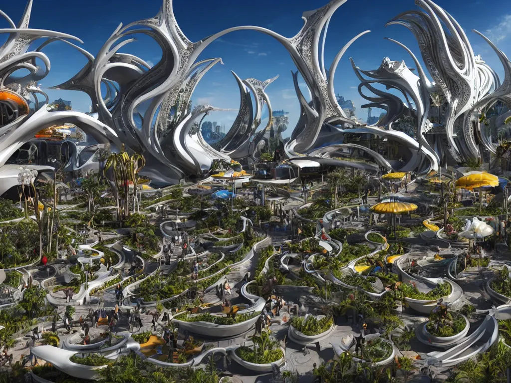 Prompt: a busy elaborate ornate outdoor sci - fi park, cinematic, shadows, partly cloudy day, 4 k, detailed, by zaha hadid and basquiat