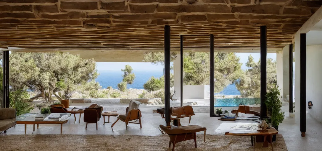 Image similar to a midcentury house in ancient greece.