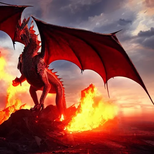 Prompt: a super realistic dragon that is on fire standing dramatically on a destroyed city, ultrawide shot, surreal, sharp focus, digital art, epic composition, concept art, dynamic lighting, intricate, highly detailed, 8 k, unreal engine, blender render