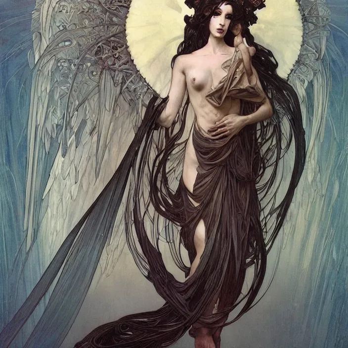 Image similar to a beautiful portrait of a beautiful! angel in black flames!! by ross tran!!! and alphonse mucha and greg rutkowski! and gustav dore! and zdzisław beksinski!, in style of digital art illustration. symmetry. highly detailed face. fantasy, smooth, hyper detailed, sharp focus, soft light. trending on artstation. 4 k