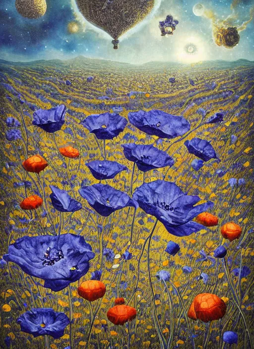 Image similar to detailed, intricate blue black and purple papaverum flower on the field, nebula, galaxy in the sky, winning award masterpiece, fantastically beautiful, illustration, aestheticly inspired, jacek yerka, upscale with anguissola sofonisba work, artstation, 8 k