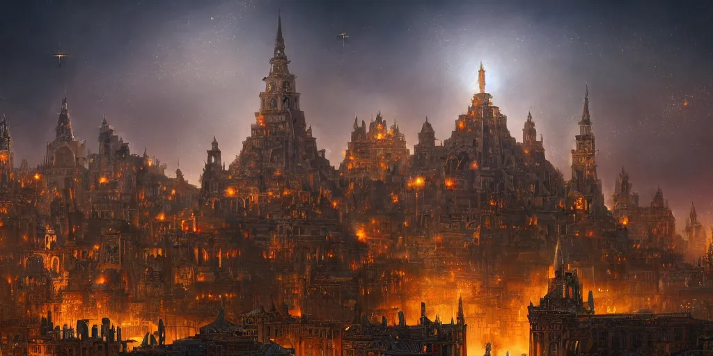 Image similar to magical city of the Great Tartarian Empire adorned with amazing lost technology, lighting resembling fireflies, spires from rooftops collecting and distributing etheric energy, the centerpiece of the city is a colossal ancient pyramid made of metal, cityscape, combining intense detail & utmost quality, Christian Hecker, Artstation, - H 832