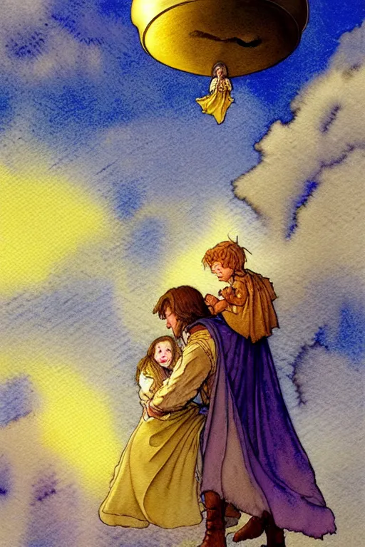 Image similar to a hyperrealist watercolor concept art of an elegant golden ufo in the sky abducting a medieval peasant child. very muted colors, by rebecca guay, michael kaluta, charles vess. high detail, hq, wide shot, 4 k