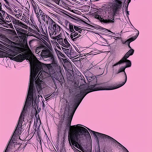 Image similar to the head of a beautiful woman, an ultrafine detailed illustration by james jean, final fantasy, intricate linework, bright colors, behance contest winner, vanitas, angular, altermodern, unreal engine 5 highly rendered, global illumination, radiant light, detailed and intricate environment