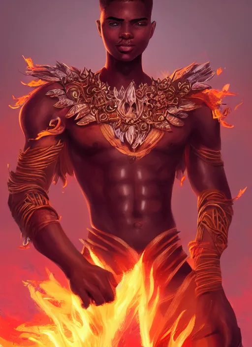 Prompt: a highly detailed illustration of attractive young african fire god with short hair, flaming feet and hands, heroic jumping pose, intricate, elegant, highly detailed, centered, digital painting, artstation, concept art, smooth, sharp focus, league of legends concept art, wlop