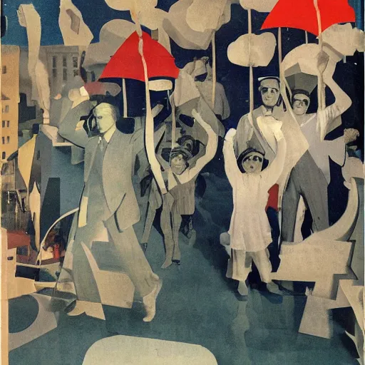 Image similar to 1950 magazine cut out collage of Cristopher Street day, Jugendstil, painted by Neo Rauch,