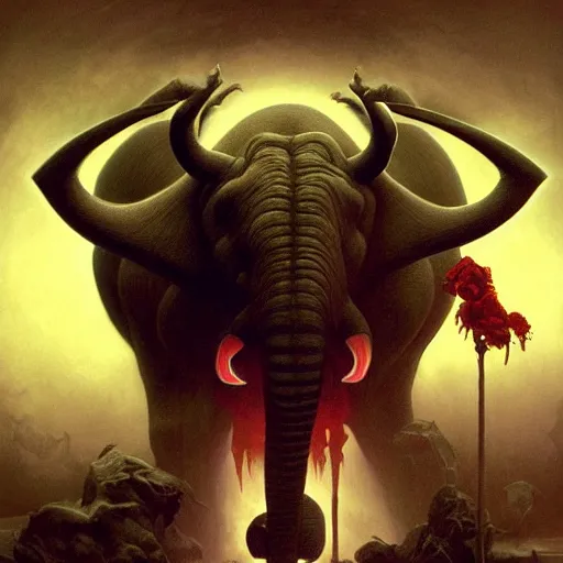 Image similar to A Satanic Evil Heffalump, psychedelic art, demonic, fullbody, artstation, dark fantasy, concept art, horror, evil, smooth, sharp focus, illustration, art by greg rutkowski and orientalism and bouguereau and Zdzislaw Beksinski, good clear quality, lighting, biology, symmetrical artwork, perfect face, 135 mm, cinematic, hyper realism, high detail, octane render, 8k, chrome accents