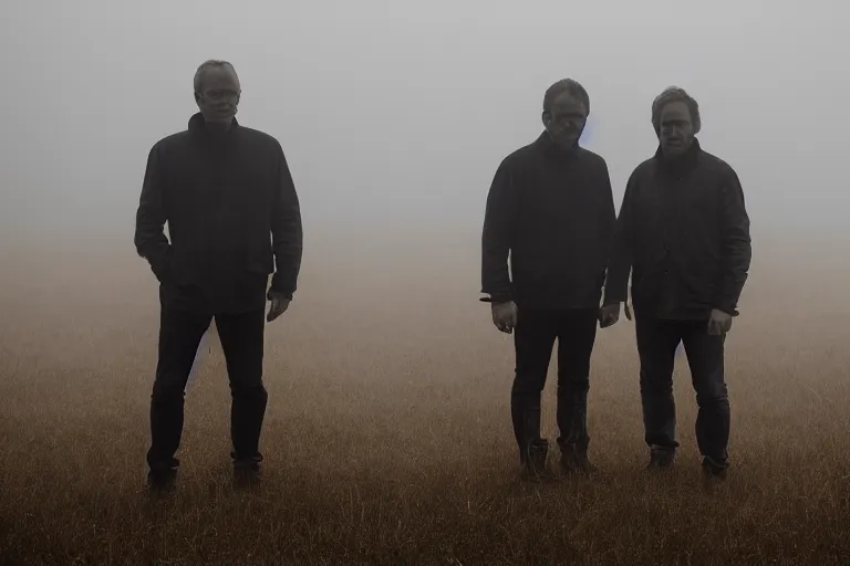 Prompt: a cinematic headshot portrait of a pair of twin middle aged males stood in a fog filled field, ultra realistic, depth, beautiful lighting