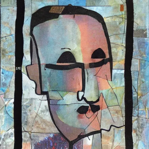 Image similar to dream A portrait of a man, by Karl Wiener, nighttime foreground, abstract!!!, figurative, unreal!!! engine!!!, pen, dark! colors, dirt brick road, Absurdist!! art, Collage