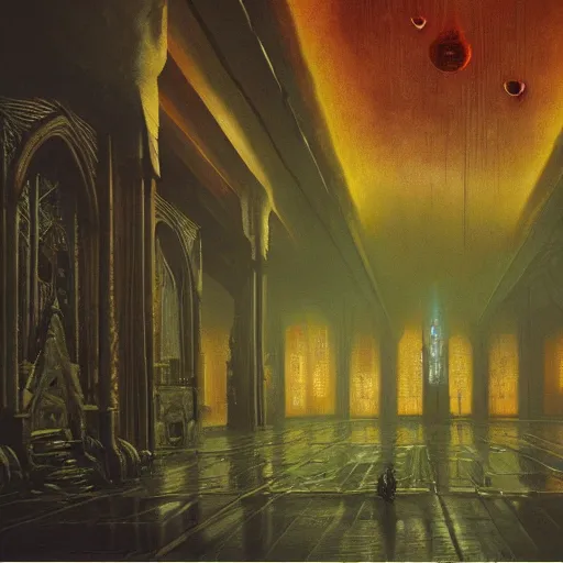 Image similar to detailed painting of bladerunner interior room with celestial ephemeral ornaments and gothic architecture, artstation, beksinski, cinematic