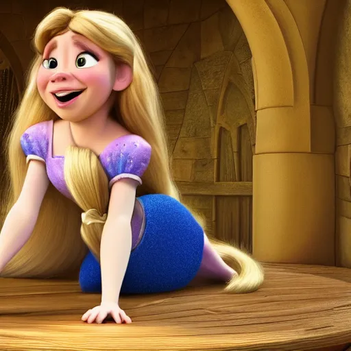 Image similar to Jennette McCurdy as Rapunzel in disney tangled live action, 8k full HD photo, cinematic lighting, anatomically correct, oscar award winning, action filled, correct eye placement,