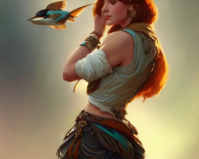 Prompt: a girl clothes inspired by a kingfisher, deep focus, d & d, fantasy, intricate, elegant, highly detailed, digital painting, artstation, concept art, matte, sharp focus, illustration, hearthstone, art by artgerm and greg rutkowski and alphonse mucha