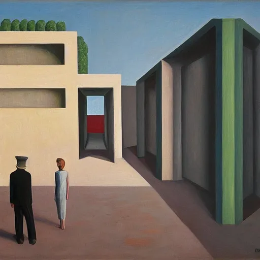 Image similar to first - person view of a stark concrete maze with people looking into portholes, ( grant wood ), pj crook, ( ( ( edward hopper ) ) ), oil on canvas