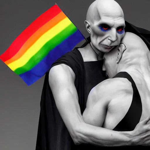 Image similar to voldemort and harry potter hugging, pride flag background