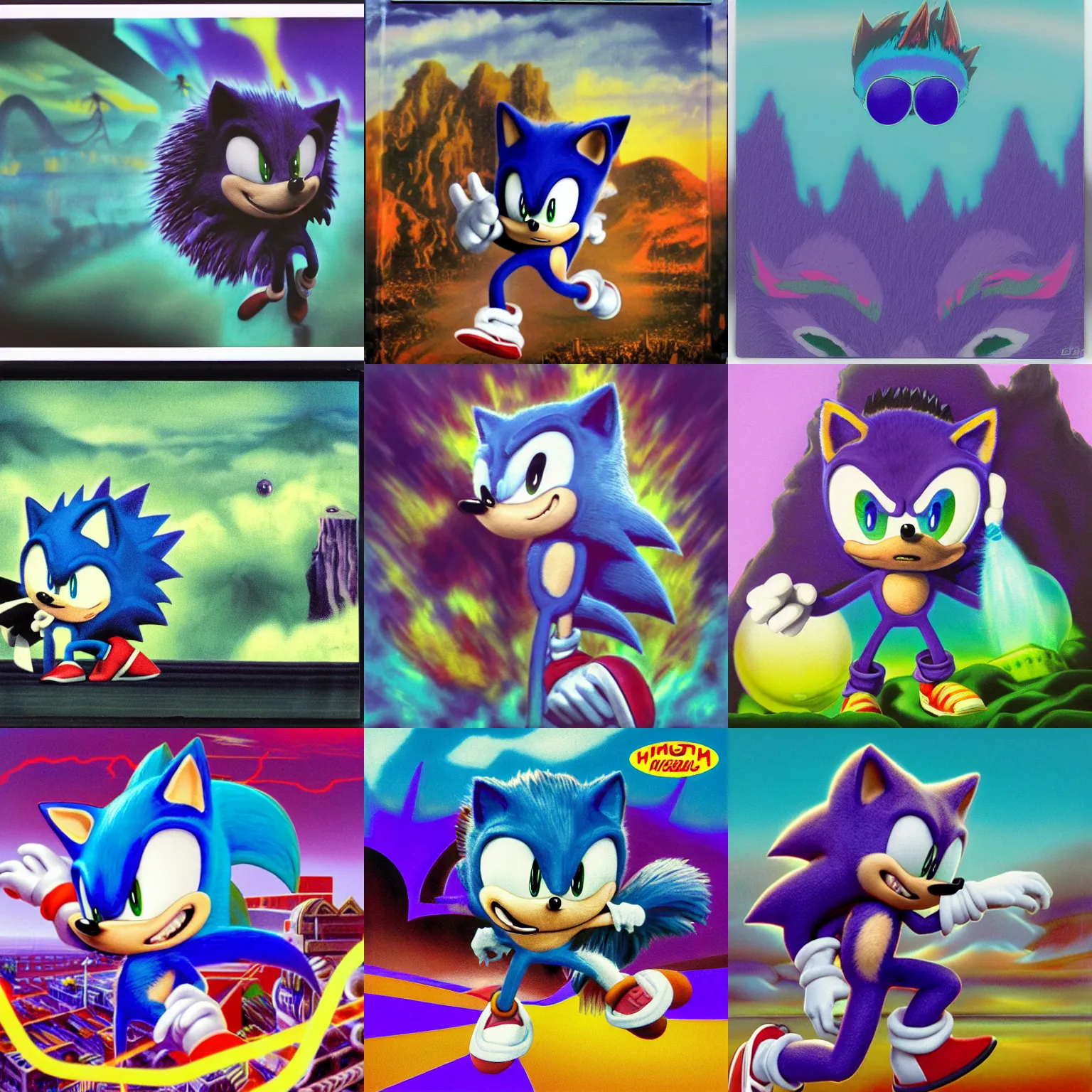 Prompt: dramatic polaroid portrait of sonic hedgehog and a matte painting landscape of a surreal, sharp, foggy, detailed professional soft pastels high quality airbrush art album cover of a liquid dissolving airbrush art lsd dmt sonic the hedgehog swimming through cyberspace, purple checkerboard background, 1 9 9 0 s 1 9 9 2 sega genesis