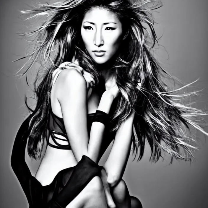 Prompt: young beautiful woman dichen lachman, gorgeous face, black and white photography, high fashion, full - body, 8 k,, ultra sharp focus, art by richard avedon, hellmut newton, victoria siemer, kirsty mitchell, laura zalenga