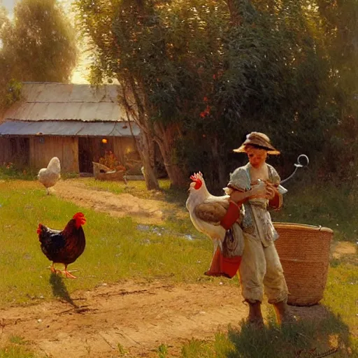 Image similar to chicken in the peaceful farm, highly detailed painting by gaston bussiere, craig mullins, j. c. leyendecker, 8 k