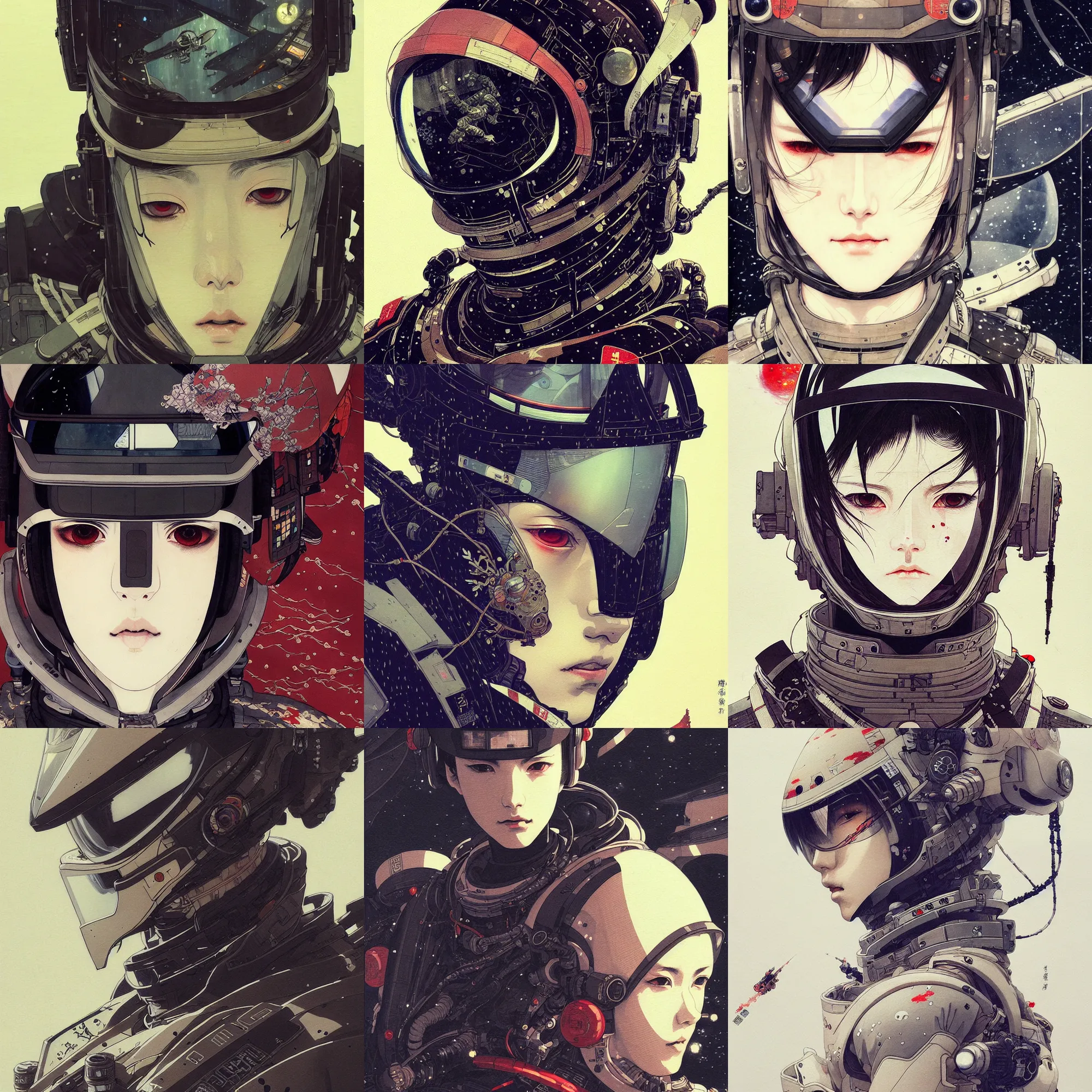 Prompt: a beautiful ukiyo painting of future battle space pilot, wearing space techwear, detailed symmetrical close up portrait, intricate complexity, concept art, by takato yamamoto, wlop, krenz cushart. cinematic dramatic atmosphere, sharp focus