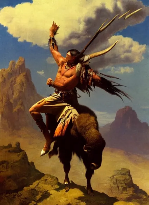 Image similar to willem dafoe as a native american riding bison, buffalo, native american warrior, mountain range, beautiful sky, standing on the edge of a cliff, 1 9 th century, painted by frazetta