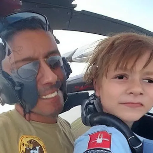 Image similar to Selfie of child joyriding in stolen fighter jet