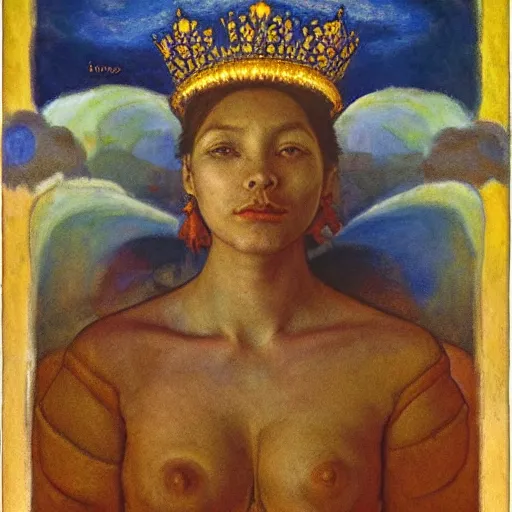 Image similar to the crown of mist and clouds, by Annie Swynnerton and Nicholas Roerich and Diego Rivera, bioluminescent skin, elaborate costume, geometric ornament, symbolist, cool colors, smooth, sharp focus, extremely detailed