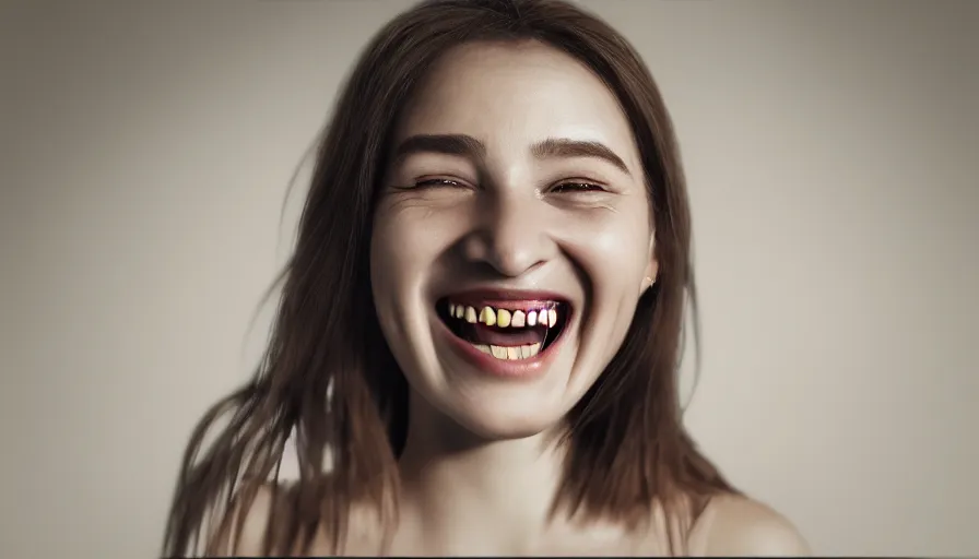 Image similar to portrait of a beatuiful jolly laughing woman with nice features, fantasy, kind vibe, looking into the camera, studio photography, studio lighting, realistic render, octane render, 4 k, 8 k, face in focus